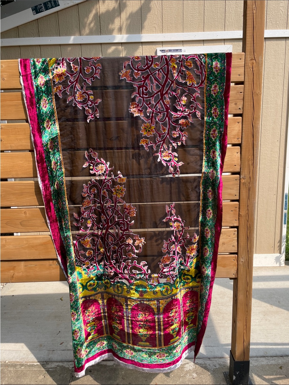 Floral Velvet Panel/ Scarf in sheer black & Green & Burgandy Tones